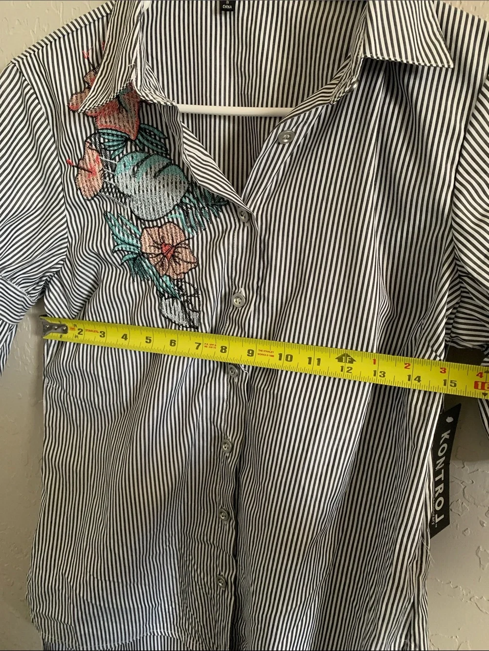Kontrol Grey & White Striped Button Down Shirt with Floral Embroidery - Picture 10 of 11